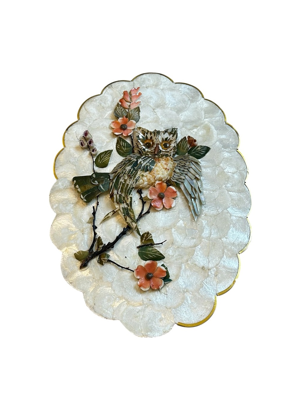 Vintage Capiz Shell Scalloped Seashell Wall Art Owl Floral 70s Cottage Coastal